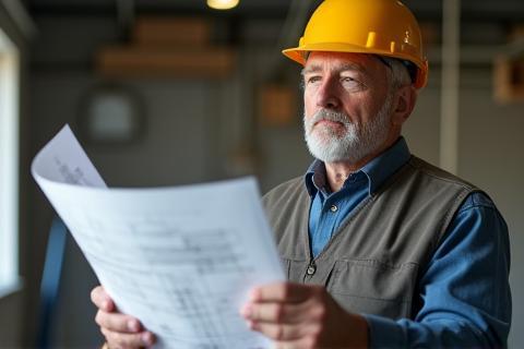 Experienced construction worker looking over a blueprint, symbolizing expertise