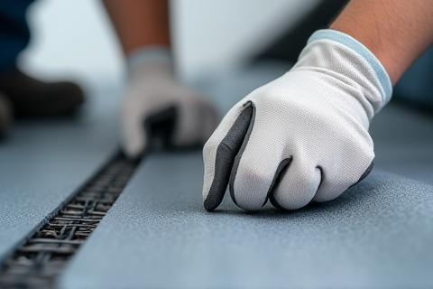 Close-up of roofing material being inspected for quality, highlighting durability
