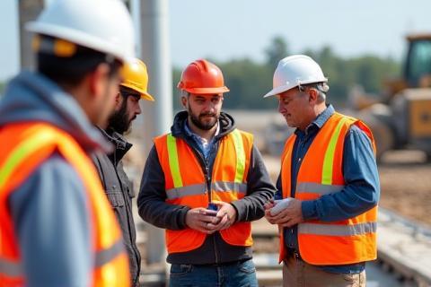 Construction workers wearing hard hats and safety gear on a job site