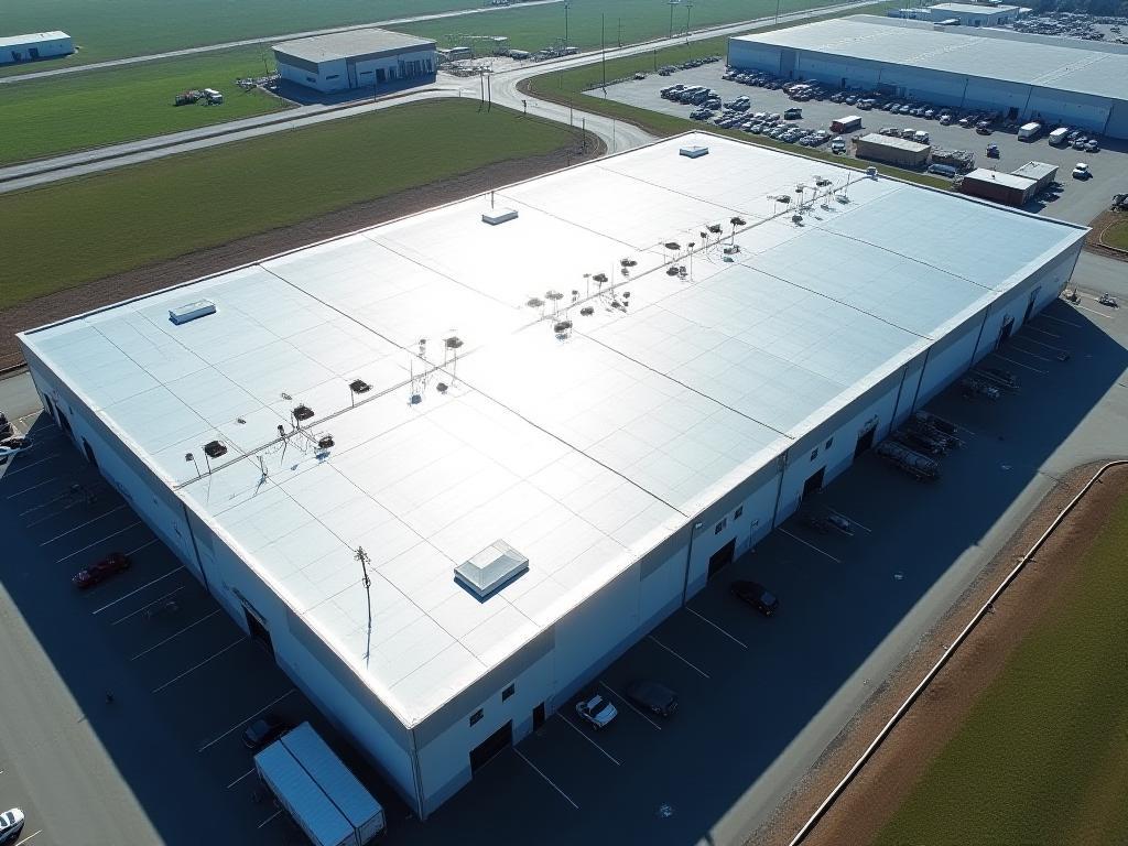 Aerial view of an industrial warehouse with a newly repaired metal roof