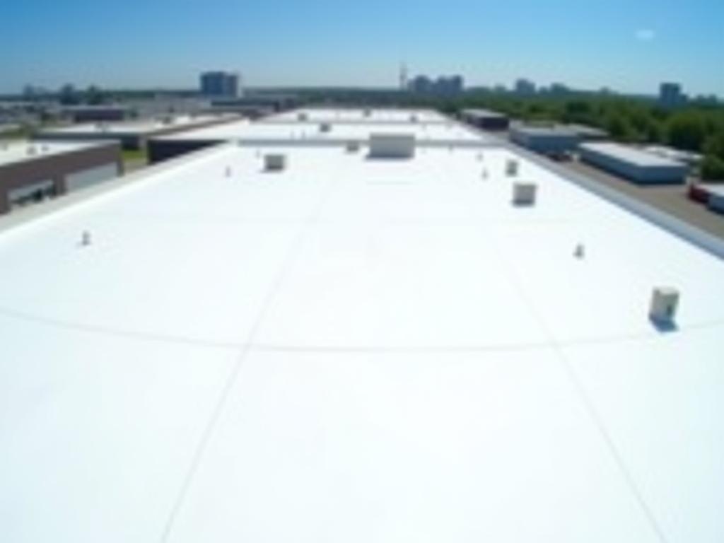 Panoramic view of a newly installed, large-scale commercial TPO roof system