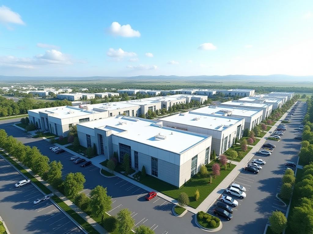 View of a multi-building commercial complex after comprehensive building restoration