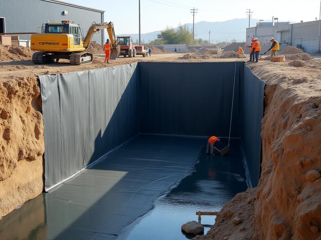 Installation of a sub-grade waterproofing system on a commercial construction site