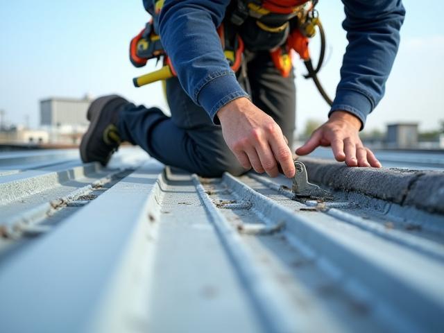 Commercial roof repair in progress, showing precision and safety equipment