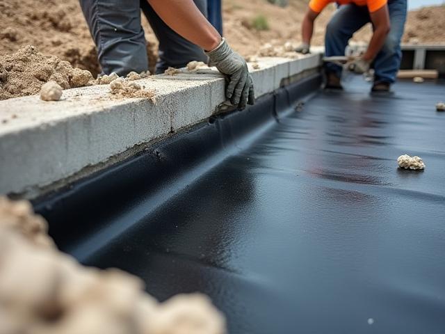 Waterproofing membrane being applied to a commercial building foundation