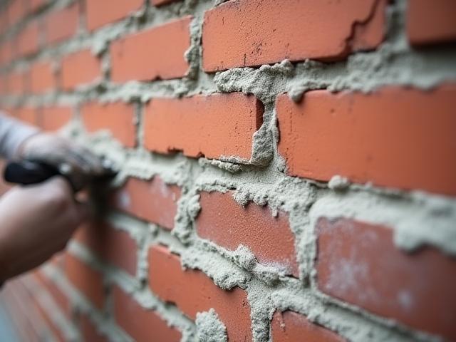 Close-up of brick wall undergoing masonry repointing, highlighting restoration