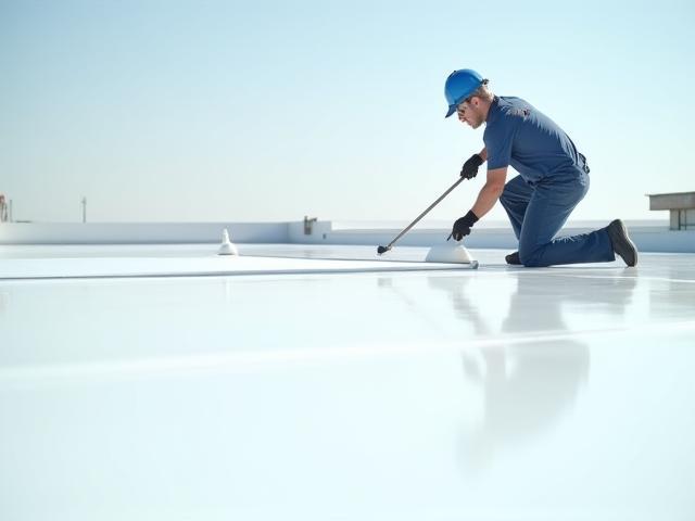 Applying protective coating to a commercial flat roof, showing advanced materials